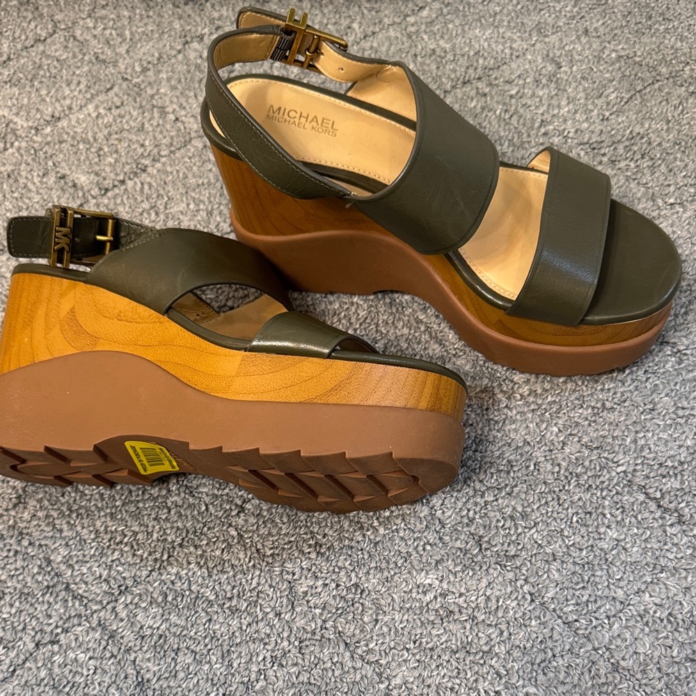 Michael Kors Dark Green and Brown Wedge Sandals